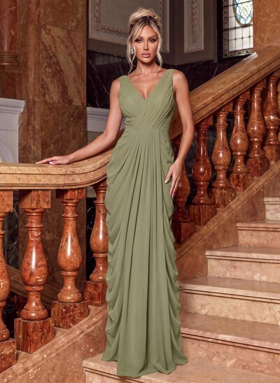 Sheath/Column V-Neck Sleeveless Floor-Length Chiffon Evening Dresses