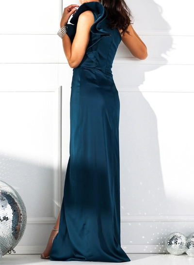 Sheath/Column One-Shoulder Silk Like Satin Evening Dresses With High Split