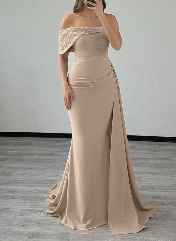 Sheath/Column One-Shoulder Sleeveless Elastic Satin Evening Dresses With Beading