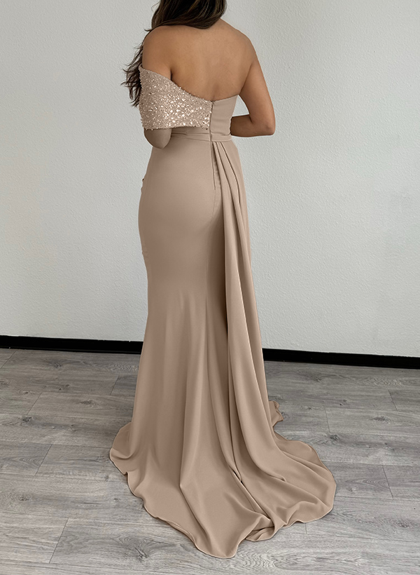 Sheath/Column One-Shoulder Sleeveless Elastic Satin Evening Dresses With Beading