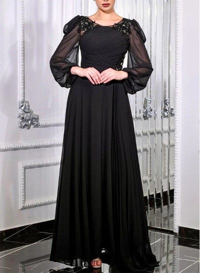 A-Line Scoop Neck Long Sleeves Chiffon Evening Dresses With Appliques Lace