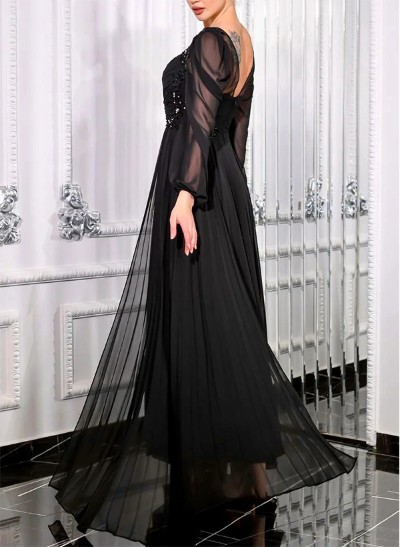 A-Line Scoop Neck Long Sleeves Chiffon Evening Dresses With Appliques Lace