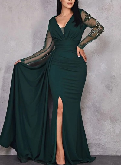 Trumpet/Mermaid V-Neck Long Sleeves Elastic Satin Evening Dresses With Lace