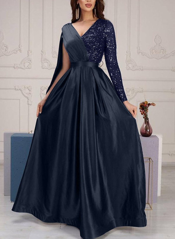 A-Line V-Neck Long Sleeves Floor-Length Satin/Sequined Evening Dresses