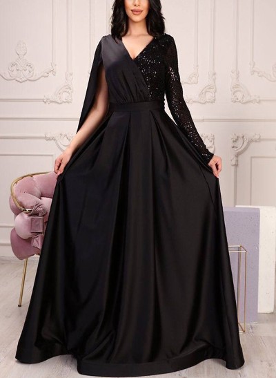 A-Line V-Neck Long Sleeves Floor-Length Satin/Sequined Evening Dresses