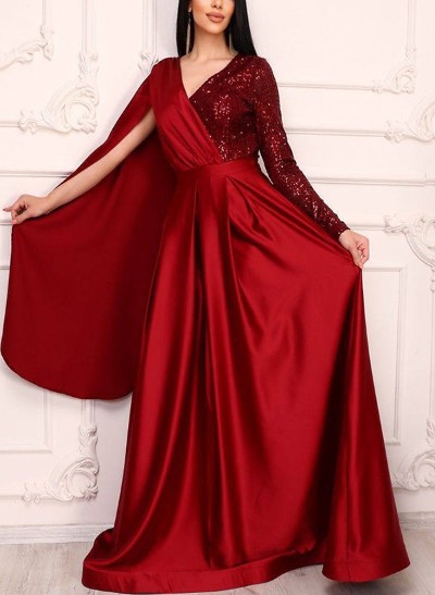 A-Line V-Neck Long Sleeves Floor-Length Satin/Sequined Evening Dresses