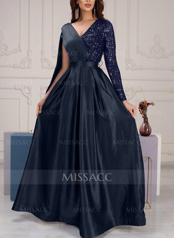 A-Line V-Neck Long Sleeves Floor-Length Satin/Sequined Evening Dresses