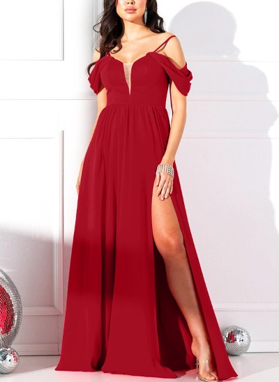 A-Line Off-The-Shoulder Sleeveless Chiffon Evening Dresses With High Split