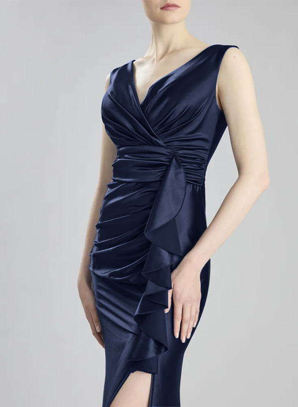 Trumpet/Mermaid V-Neck Sleeveless Silk Like Satin Evening Dresses With High Split