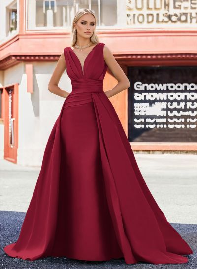 A-Line V-Neck Sleeveless Sweep Train Satin Evening Dresses