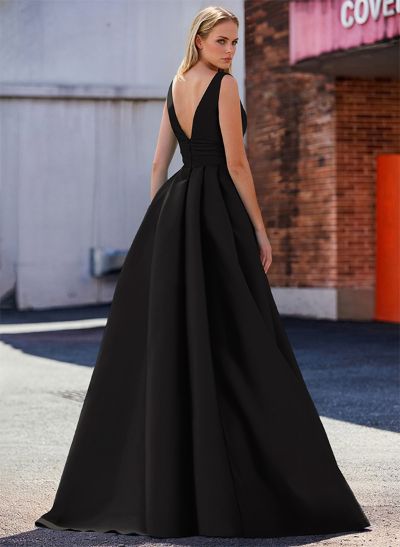 A-Line V-Neck Sleeveless Sweep Train Satin Evening Dresses