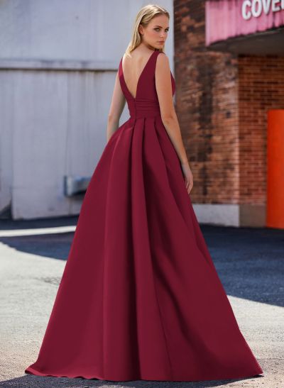 A-Line V-Neck Sleeveless Sweep Train Satin Evening Dresses