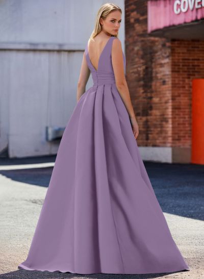 A-Line V-Neck Sleeveless Sweep Train Satin Evening Dresses