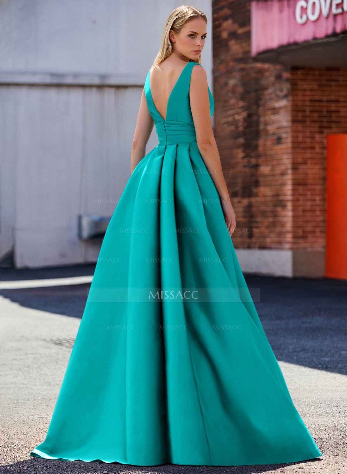 A-Line V-Neck Sleeveless Sweep Train Satin Evening Dresses