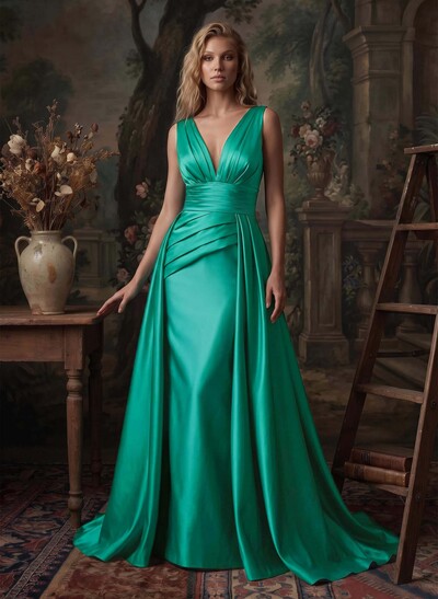 V-Neck Sleeveless Sweep Train Satin Evening Dresses