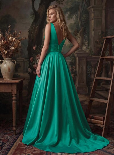 V-Neck Sleeveless Sweep Train Satin Evening Dresses