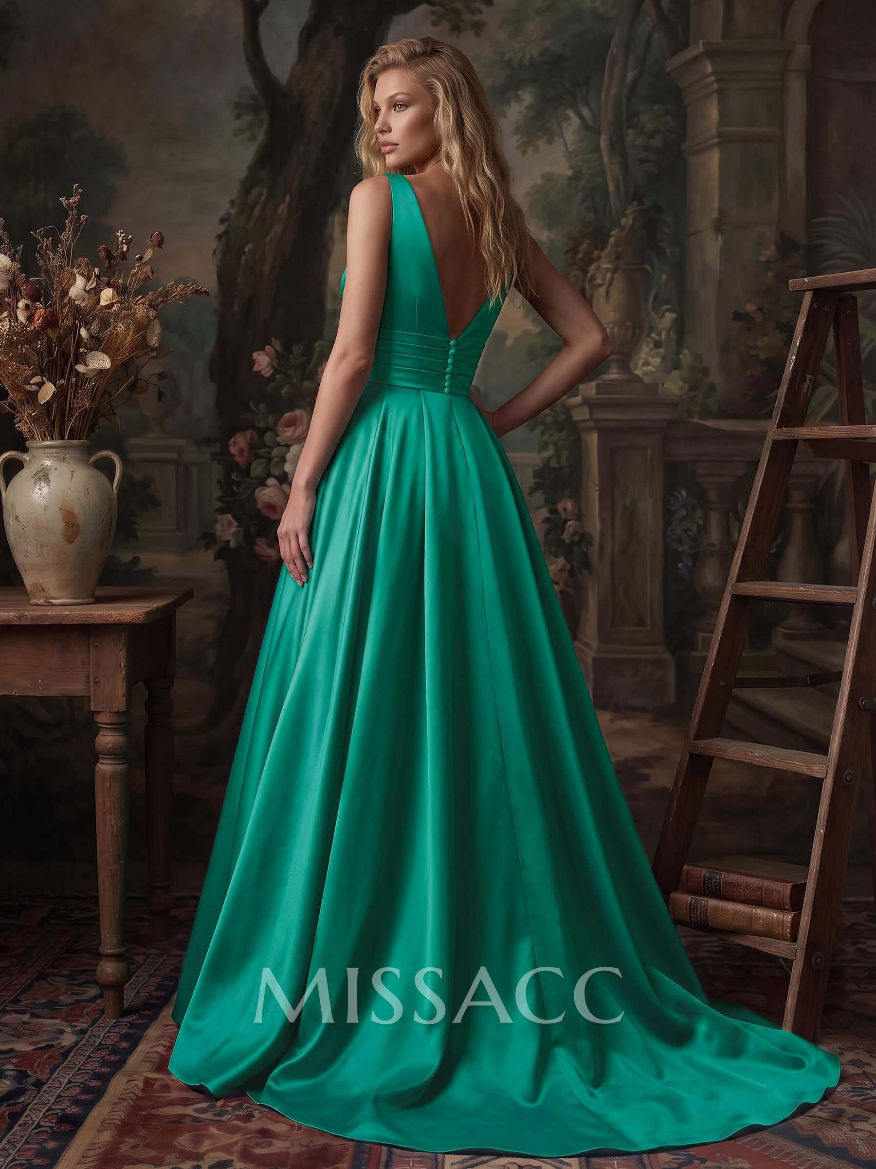 V-Neck Sleeveless Sweep Train Satin Evening Dresses V-Neck Sleeveless Sweep Train Satin Evening Dresses