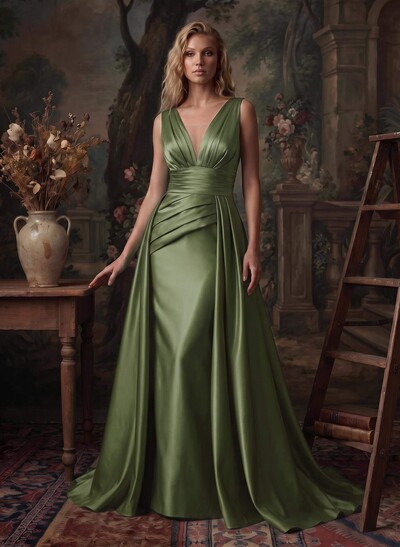 V-Neck Sleeveless Sweep Train Satin Evening Dresses