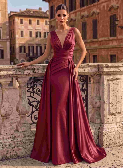 V-Neck Sleeveless Sweep Train Satin Evening Dresses