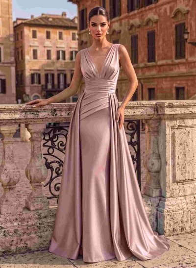 V-Neck Sleeveless Sweep Train Satin Evening Dresses
