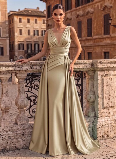 V-Neck Sleeveless Sweep Train Satin Evening Dresses