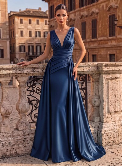 V-Neck Sleeveless Sweep Train Satin Evening Dresses