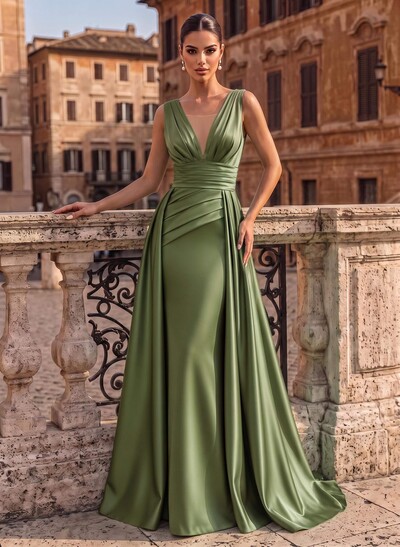 V-Neck Sleeveless Satin Formal Dresses With Sweep Train
