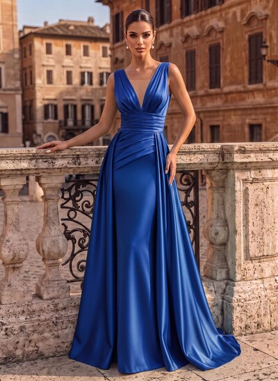 V-Neck Sleeveless Satin Formal Dresses With Sweep Train