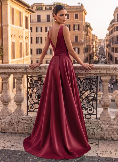 V-Neck Sleeveless Sweep Train Satin Evening Dresses