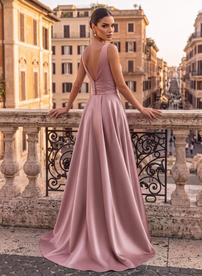 V-Neck Sleeveless Sweep Train Satin Evening Dresses