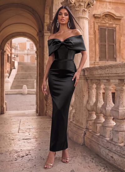 Fitted Off-The-Shoulder Sleeveless Satin Evening Dress With Bow Detail