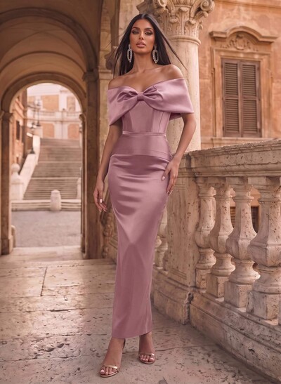 Sheath/Column Off-The-Shoulder Sleeveless Satin Evening Dress With Bows