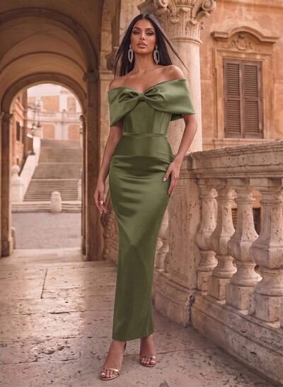 Sheath/Column Off-The-Shoulder Sleeveless Satin Evening Dress With Bows