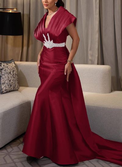 A-Line V-Neck Sleeveless Sweep Train Satin Evening Dresses With Rhinestone