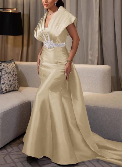 A-Line V-Neck Sleeveless Court Train Satin Evening Dresses With Rhinestone