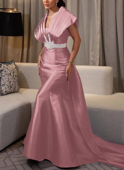 A-Line V-Neck Sleeveless Sweep Train Satin Evening Dresses With Rhinestone