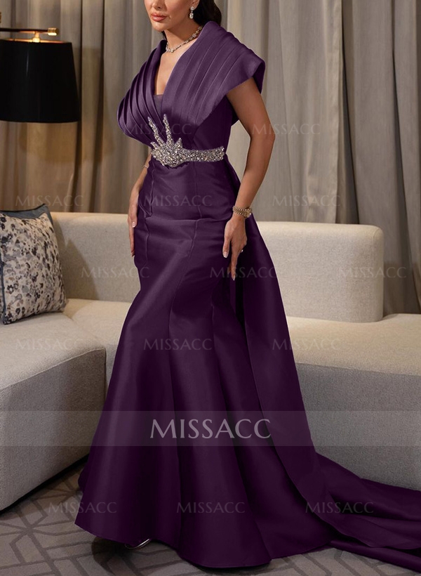 A-Line V-Neck Sleeveless Court Train Satin Evening Dresses With Rhinestone