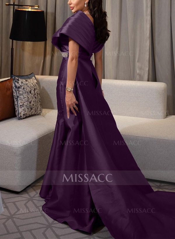 A-Line V-Neck Sleeveless Court Train Satin Evening Dresses With Rhinestone