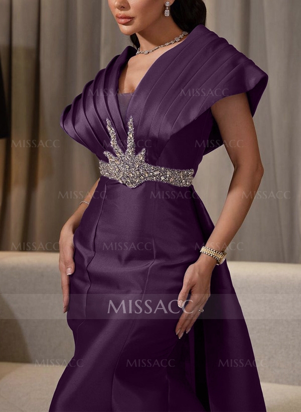 A-Line V-Neck Sleeveless Court Train Satin Evening Dresses With Rhinestone