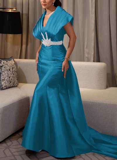 A-Line V-Neck Sleeveless Court Train Satin Evening Dresses With Rhinestone A-Line V-Neck Sleeveless Court Train Satin Evening Dresses With Rhinestone