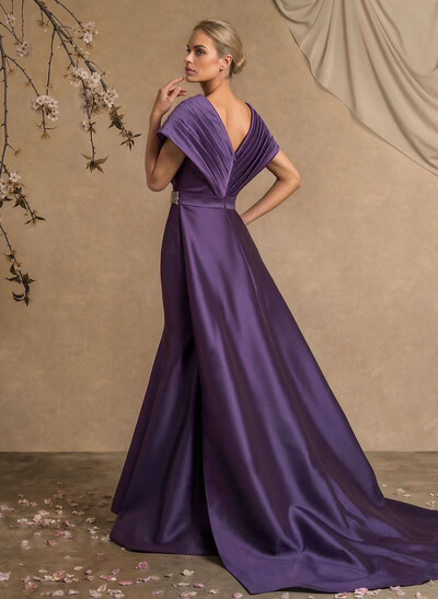 A-Line V-Neck Sleeveless Court Train Satin Evening Dresses With Rhinestone
