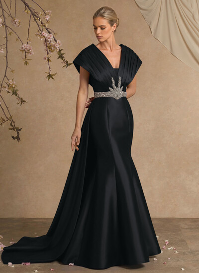 A-Line V-Neck Sleeveless Court Train Satin Evening Dresses With Rhinestone