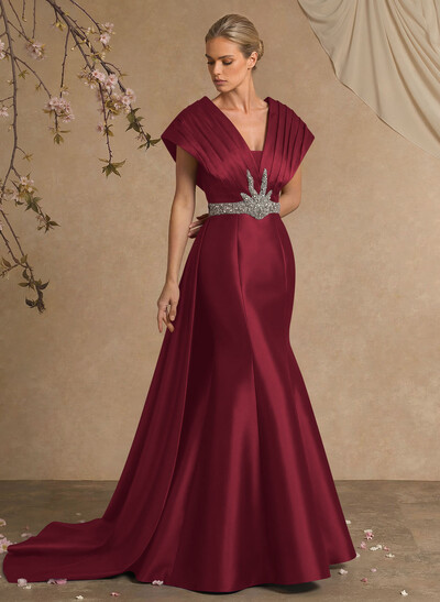 A-Line V-Neck Sleeveless Court Train Satin Evening Dresses With Rhinestone