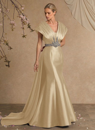 A-Line V-Neck Sleeveless Court Train Satin Evening Dresses With Rhinestone