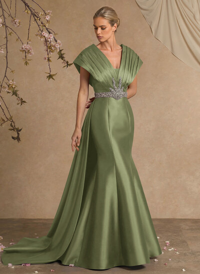 A-Line V-Neck Sleeveless Court Train Satin Evening Dresses With Rhinestone