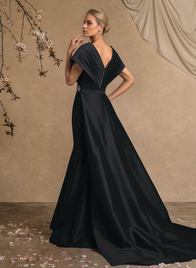 A-Line V-Neck Sleeveless Court Train Satin Evening Dresses With Rhinestone