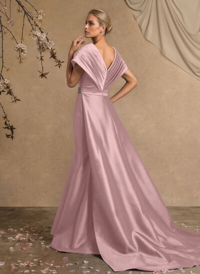 A-Line V-Neck Sleeveless Court Train Satin Evening Dresses With Rhinestone
