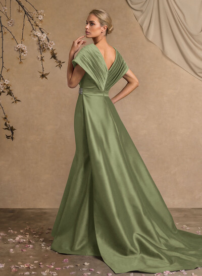 A-Line V-Neck Sleeveless Court Train Satin Evening Dresses With Rhinestone