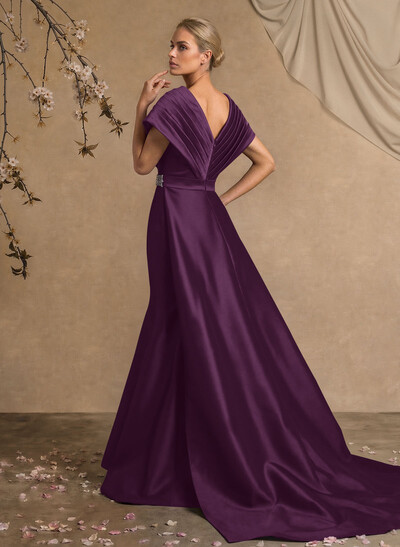 A-Line V-Neck Sleeveless Court Train Satin Evening Dresses With Rhinestone