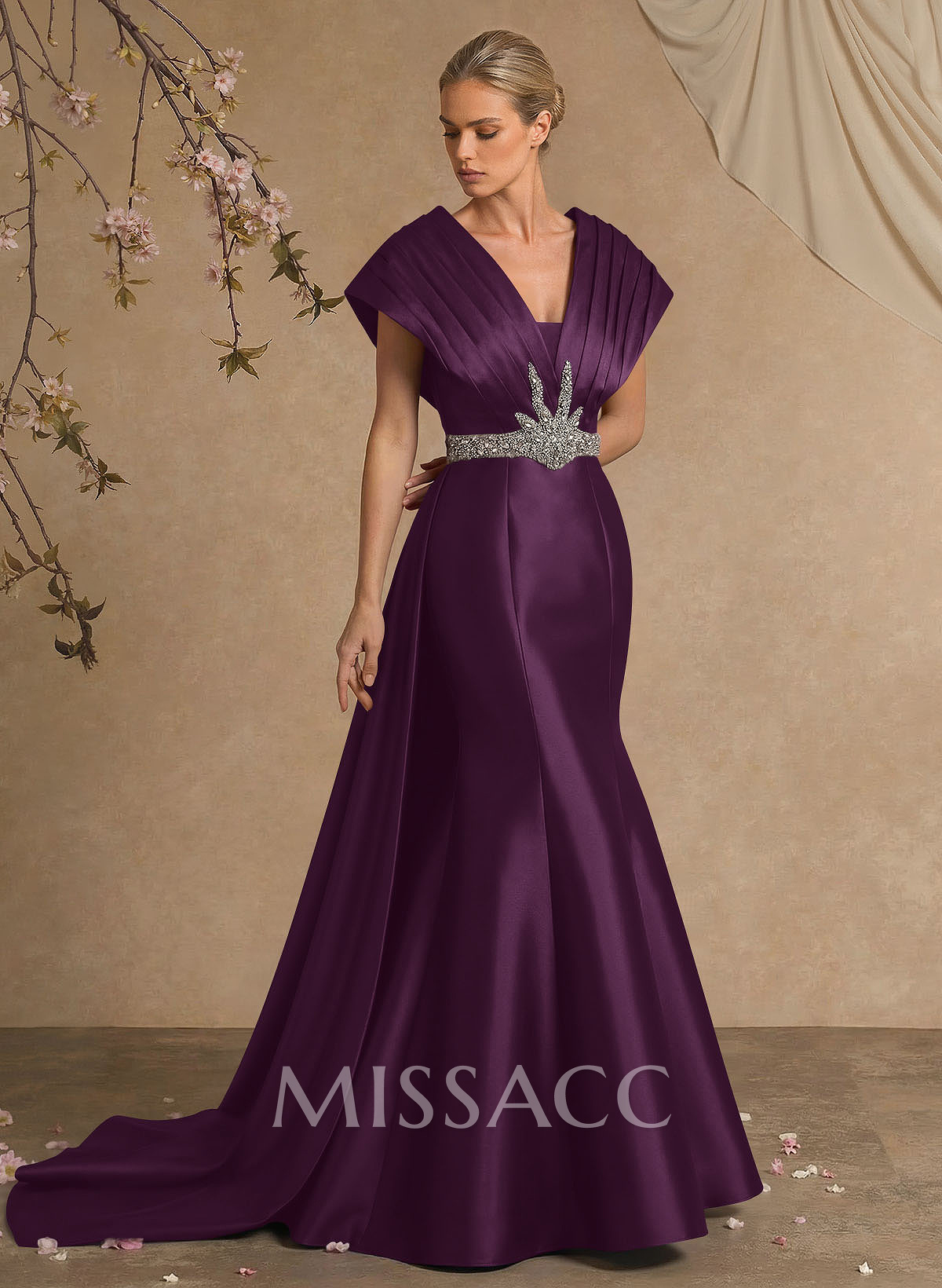 A-Line V-Neck Sleeveless Court Train Satin Evening Dresses With Rhinestone A-Line V-Neck Sleeveless Court Train Satin Evening Dresses With Rhinestone